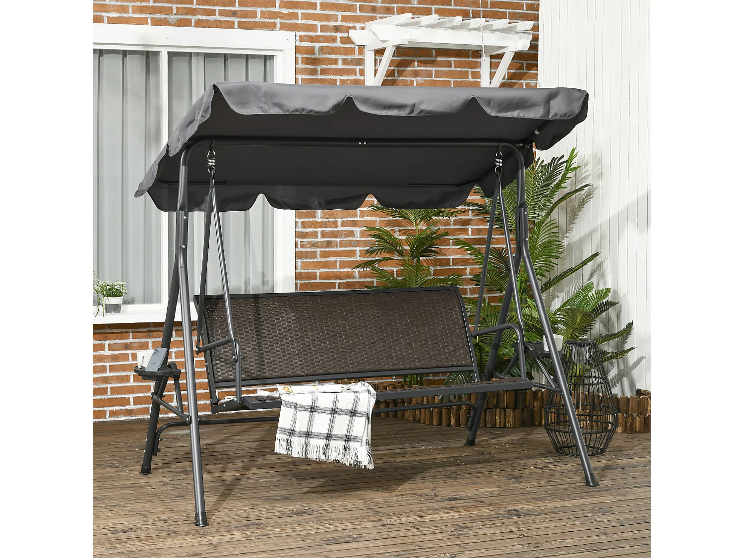 Balancelle de jardin 3 places - auvent réglable, plateaux porte-gobelets - résine tressée PE brun acier polyester gris