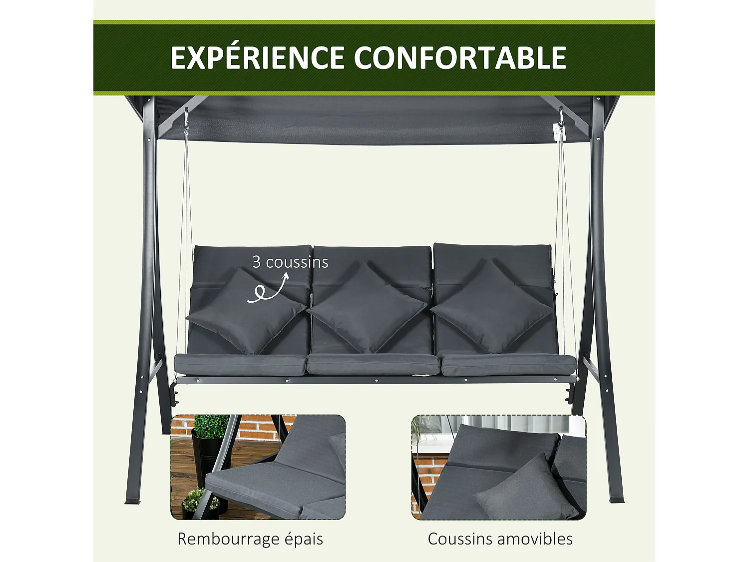 Balancelle de jardin 3 places grand confort toit inclinaison réglable épais coussins polyester acier époxy gris