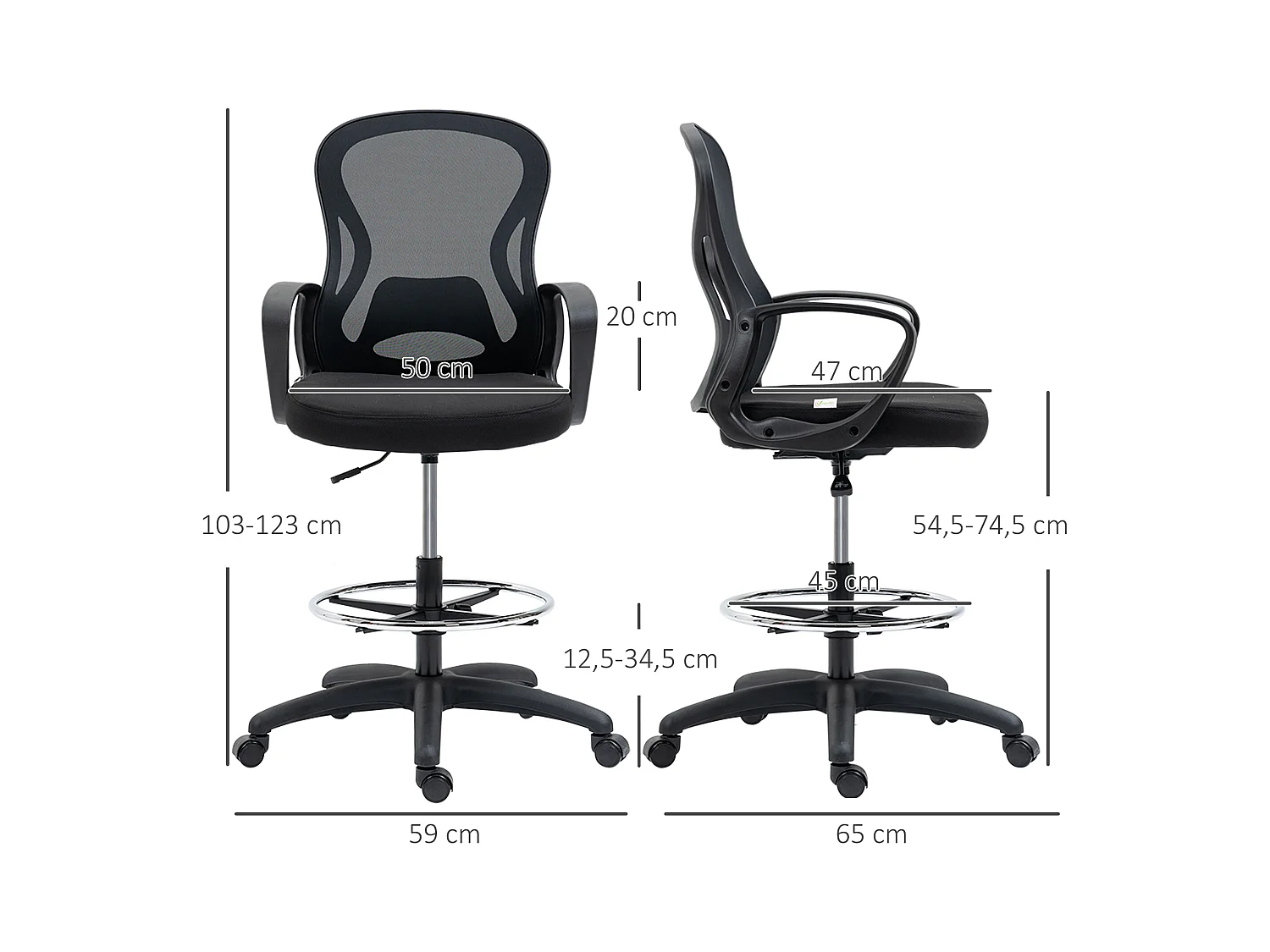 Fauteuil de bureau chaise de bureau assise haute réglable dim. 59L x 65l x 109-124H cm pivotant 360° maille respirante noir