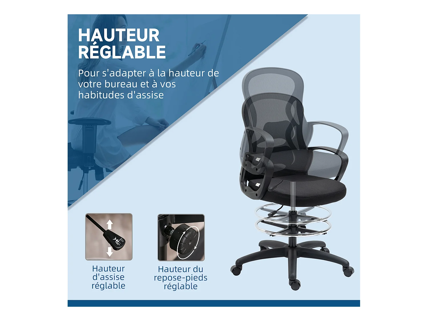 Fauteuil de bureau chaise de bureau assise haute réglable dim. 59L x 65l x 109-124H cm pivotant 360° maille respirante noir