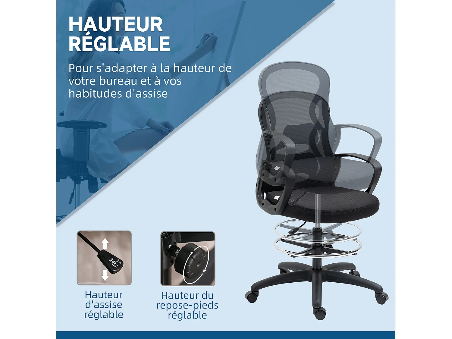 Fauteuil de bureau chaise de bureau assise haute réglable dim. 59L x 65l x 109-124H cm pivotant 360° maille respirante noir