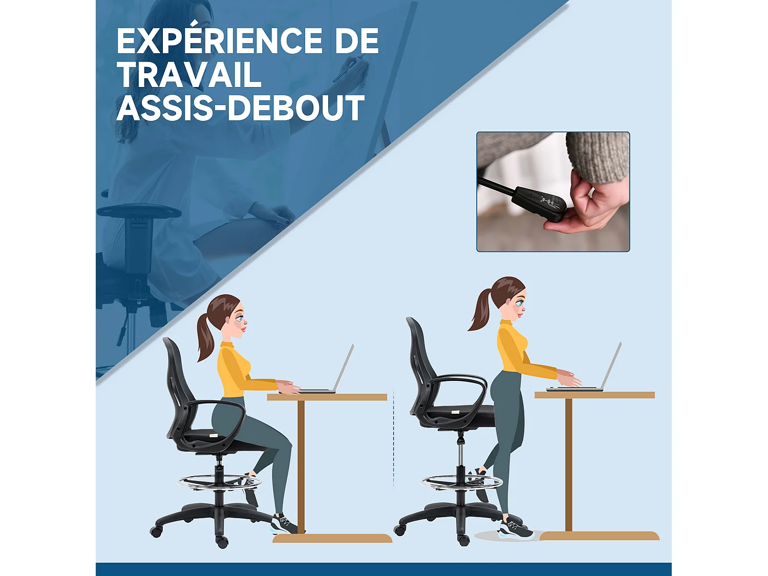 Fauteuil de bureau chaise de bureau assise haute réglable dim. 59L x 65l x 109-124H cm pivotant 360° maille respirante noir