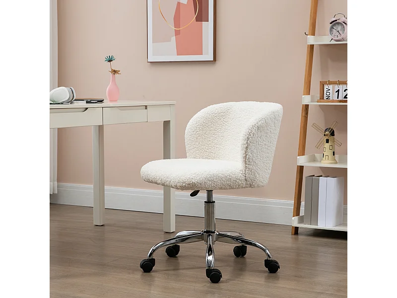 Chaise de bureau design - hauteur réglable, pivotante - piètement acier chromé revêtement effet laine bouclée blanc