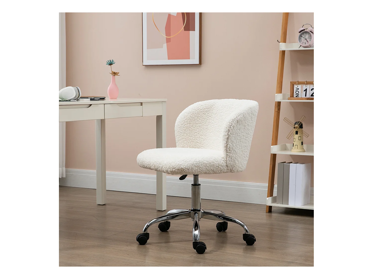 Chaise de bureau design - hauteur réglable, pivotante - piètement acier chromé revêtement effet laine bouclée blanc