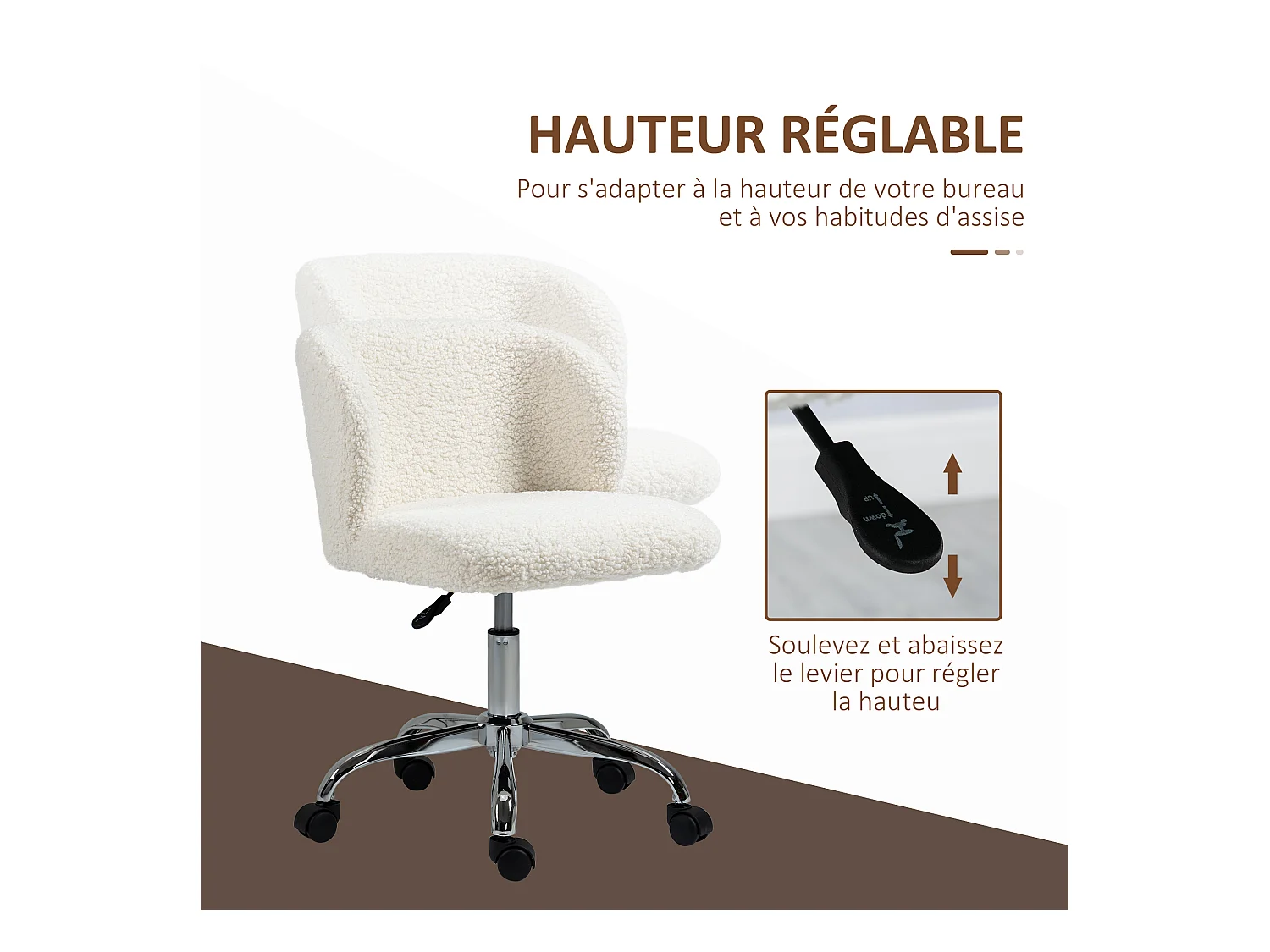 Chaise de bureau design - hauteur réglable, pivotante - piètement acier chromé revêtement effet laine bouclée blanc