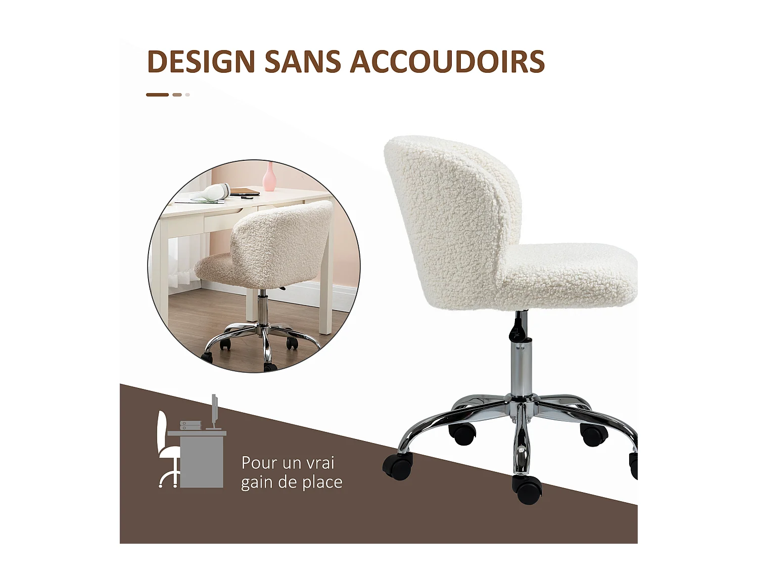 Chaise de bureau design - hauteur réglable, pivotante - piètement acier chromé revêtement effet laine bouclée blanc