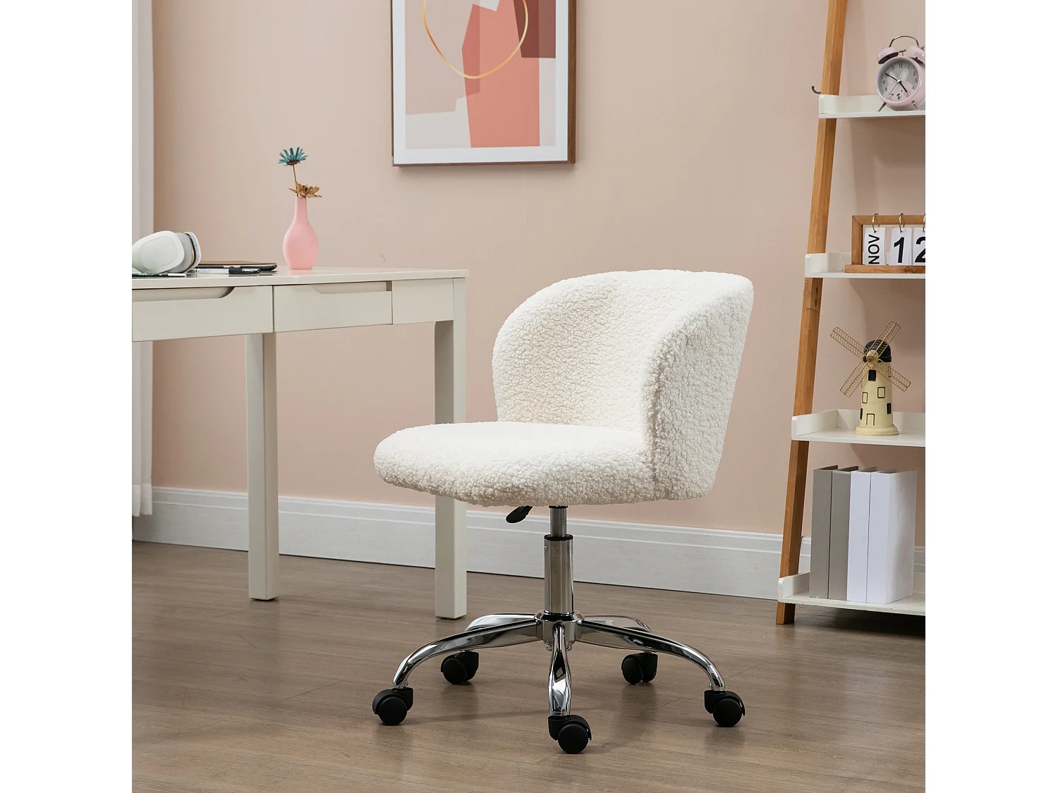 Chaise de bureau design - hauteur réglable, pivotante - piètement acier chromé revêtement effet laine bouclée blanc