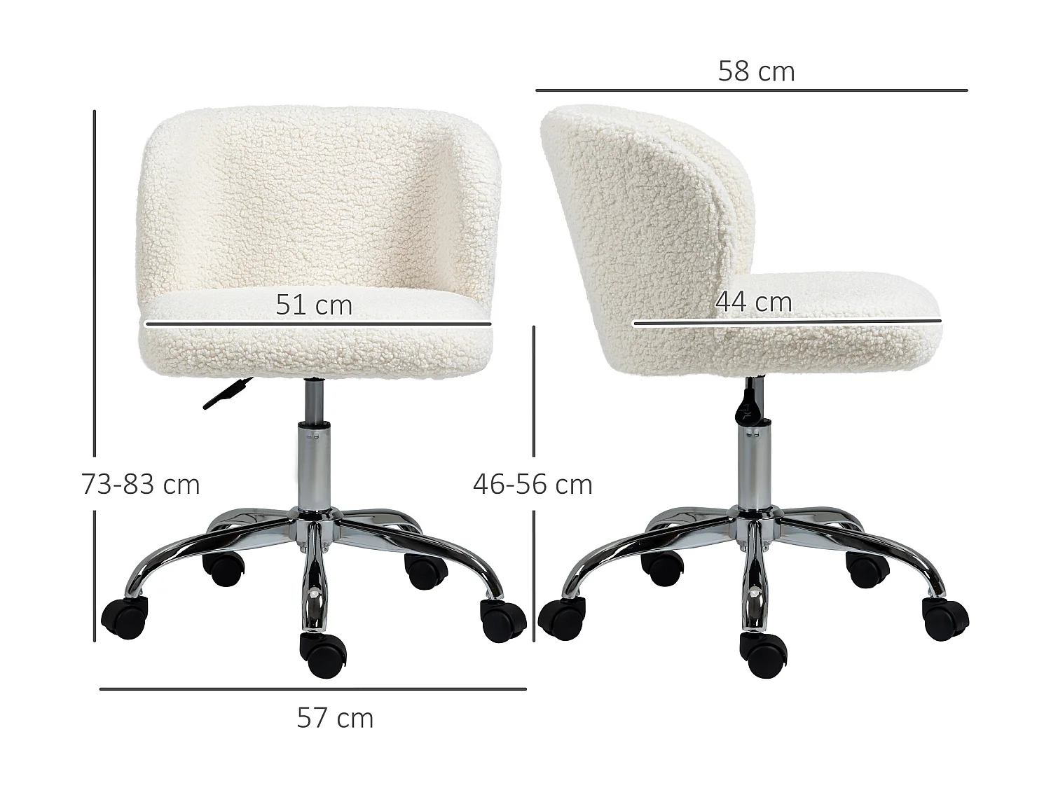 Chaise de bureau design - hauteur réglable, pivotante - piètement acier chromé revêtement effet laine bouclée blanc