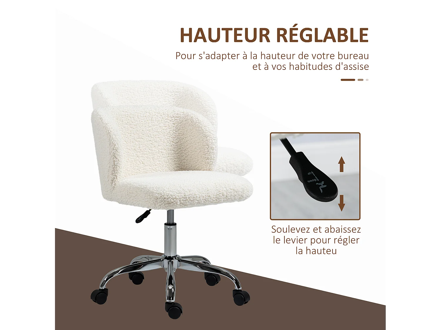 Chaise de bureau design - hauteur réglable, pivotante - piètement acier chromé revêtement effet laine bouclée blanc
