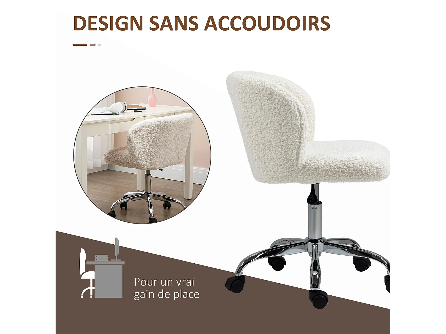 Chaise de bureau design - hauteur réglable, pivotante - piètement acier chromé revêtement effet laine bouclée blanc