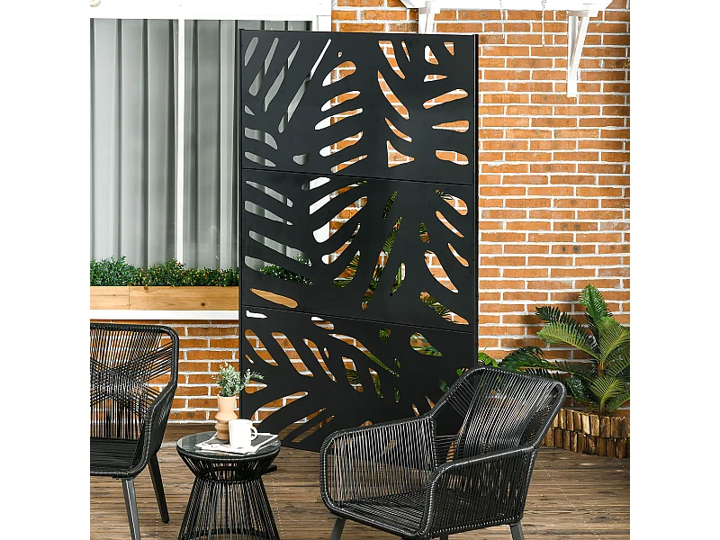 Panneau décoratif extérieur métal - brise vue motif feuilles - visserie incluse - dim. 122L x 45l x 198H cm - acier thermolaqué noir