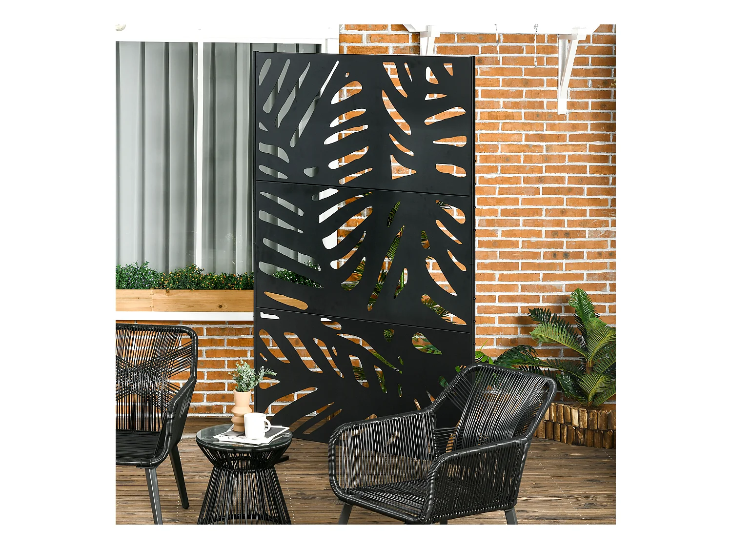 Panneau décoratif extérieur métal - brise vue motif feuilles - visserie incluse - dim. 122L x 45l x 198H cm - acier thermolaqué noir