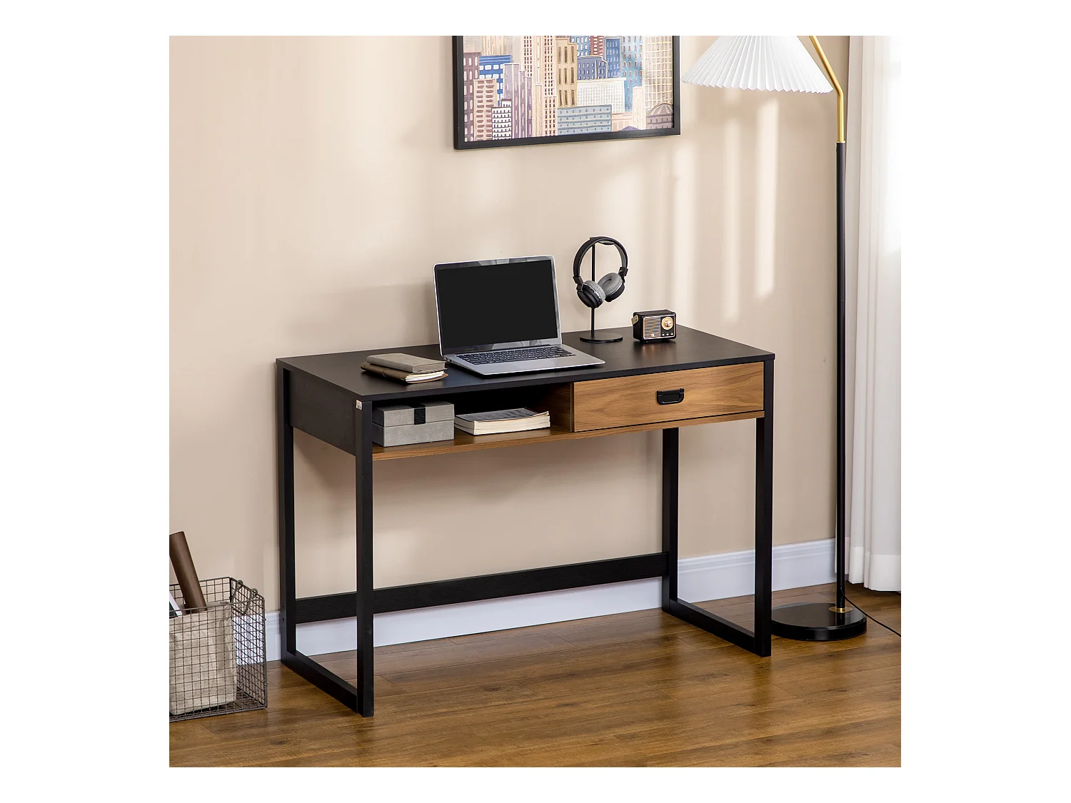 Bureau style industriel casier tiroir coulissant panneaux MDF noir aspect noyer