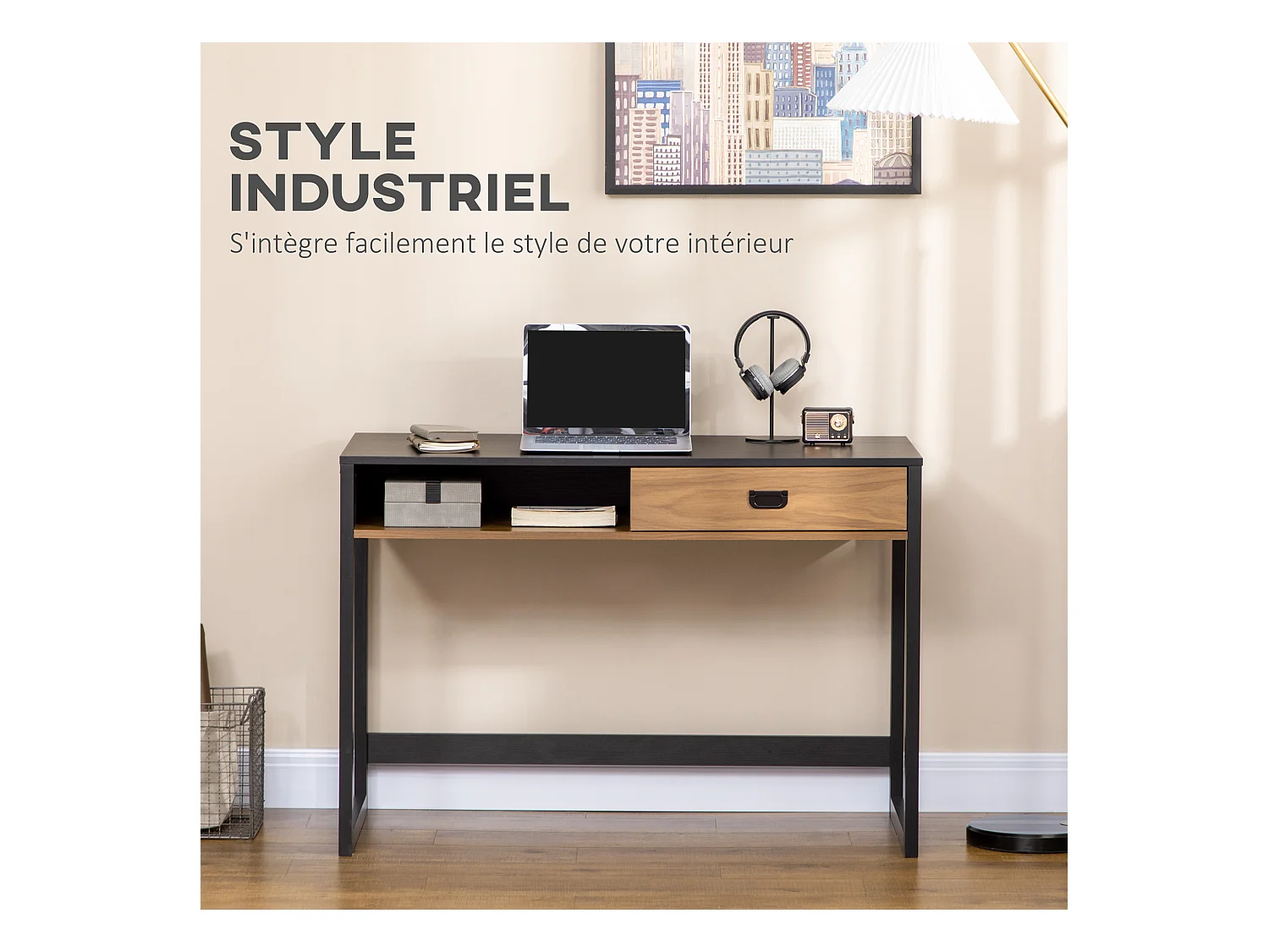 Bureau style industriel casier tiroir coulissant panneaux MDF noir aspect noyer