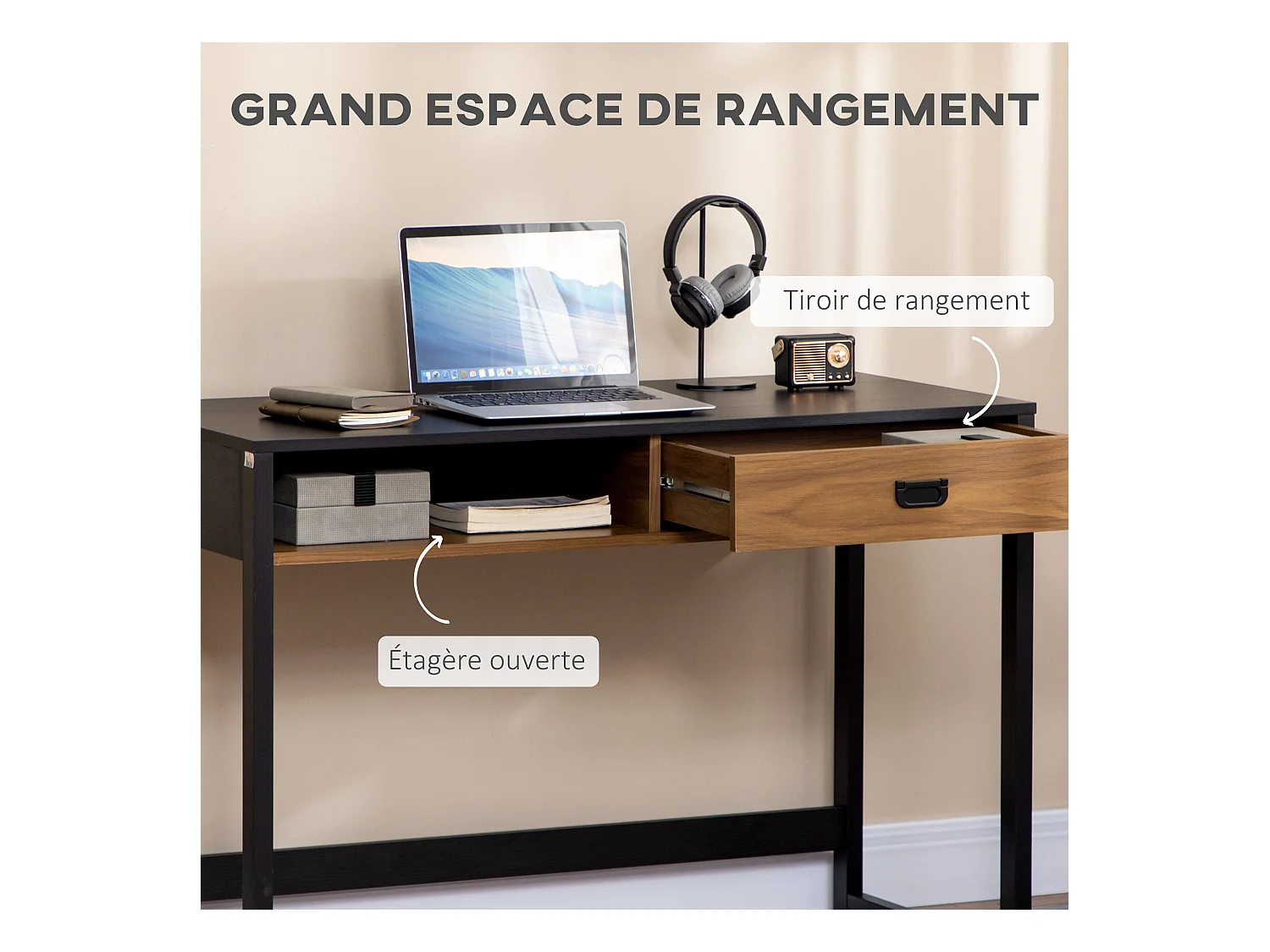Bureau style industriel casier tiroir coulissant panneaux MDF noir aspect noyer