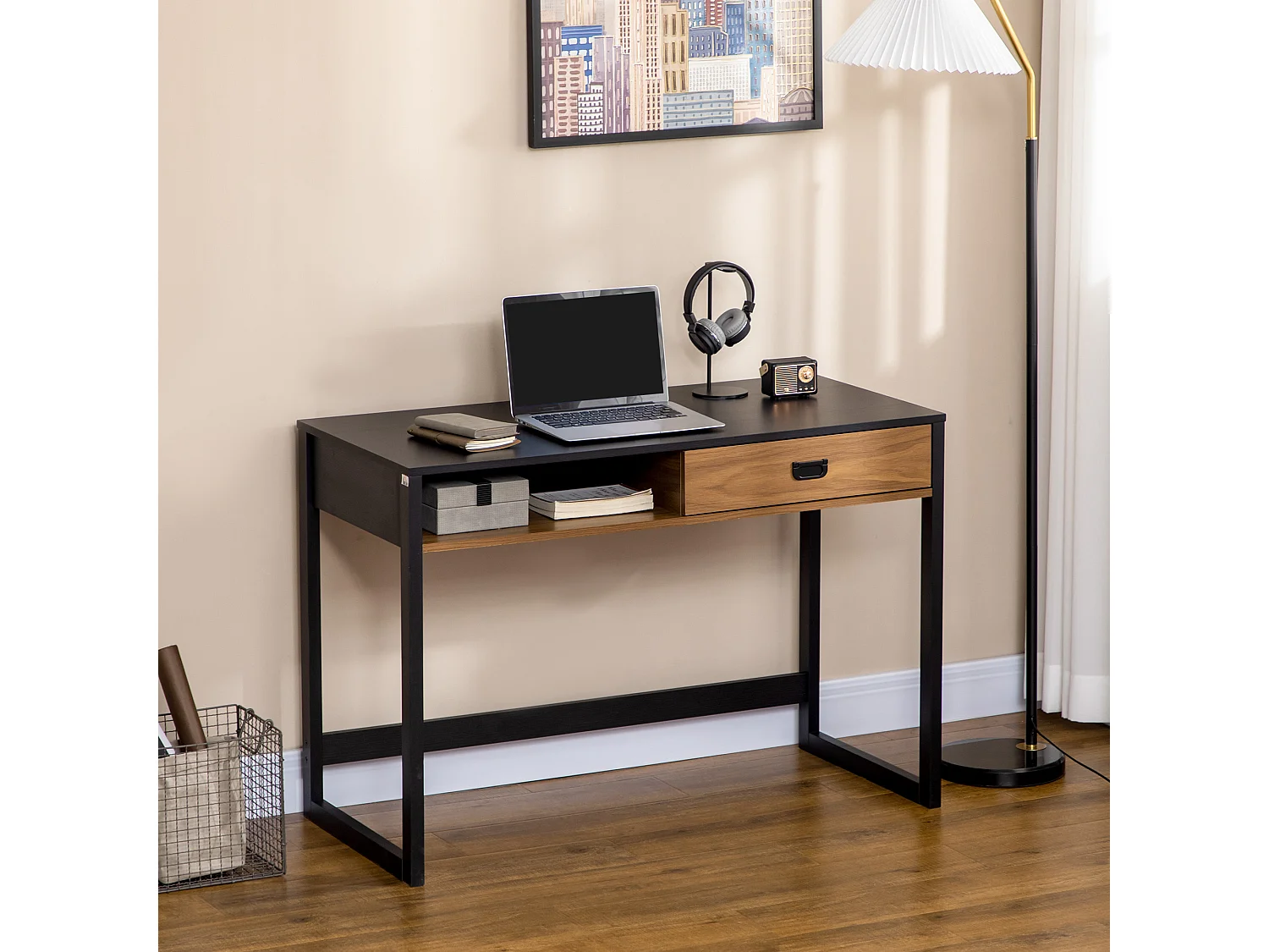 Bureau style industriel casier tiroir coulissant panneaux MDF noir aspect noyer