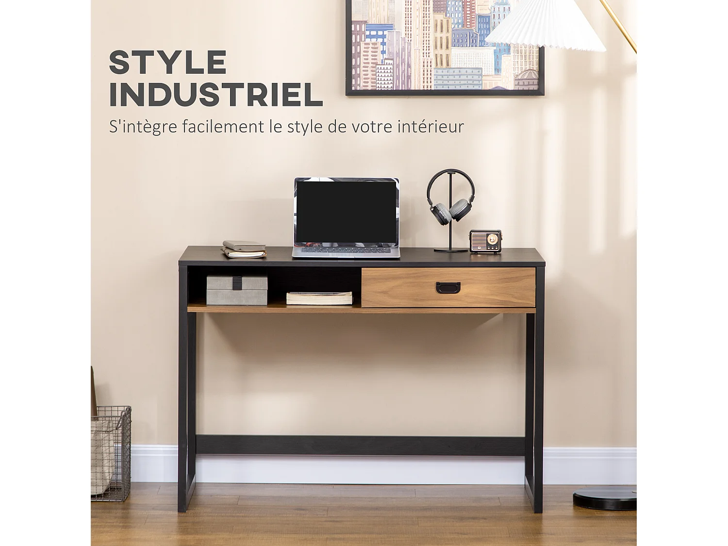 Bureau style industriel casier tiroir coulissant panneaux MDF noir aspect noyer