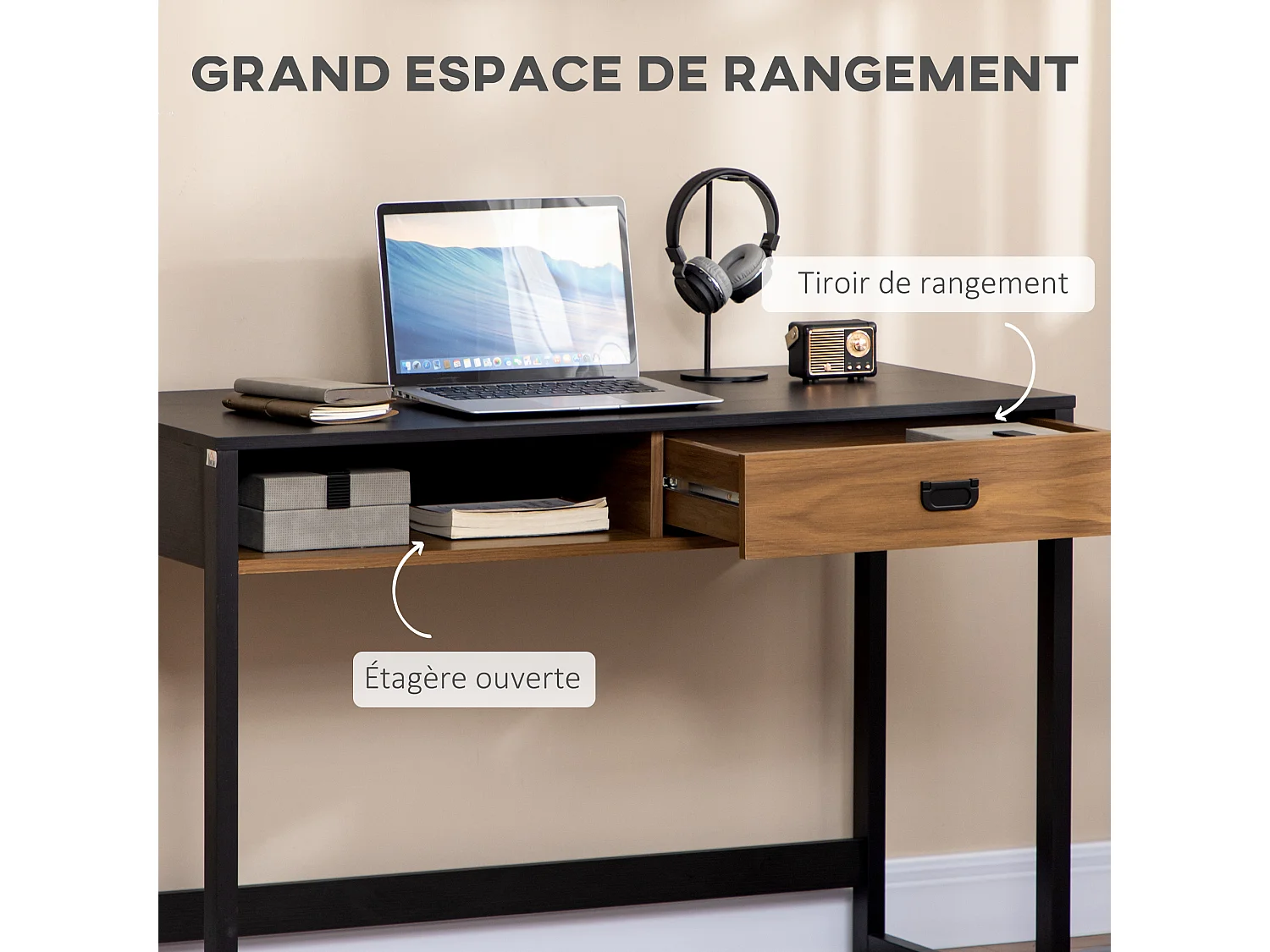 Bureau style industriel casier tiroir coulissant panneaux MDF noir aspect noyer