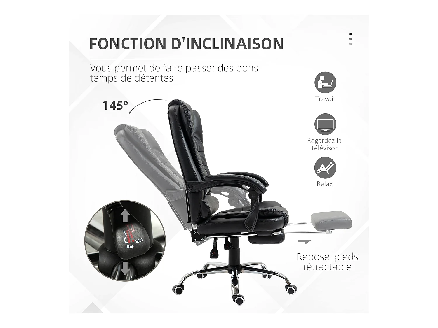 Fauteuil de bureau fauteuil manager grand confort réglable dossier inclinable repose-pied revêtement synthétique noir