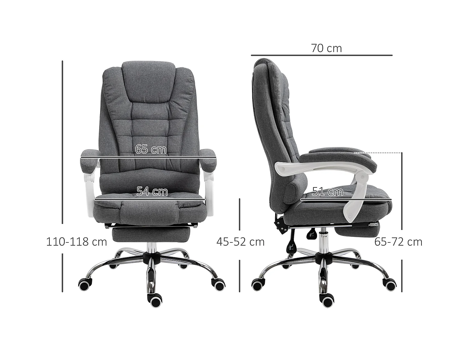 Fauteuil de bureau manager grand confort repose-pied dossier inclinable accoudoirs rembourrés tissu aspect lin gris