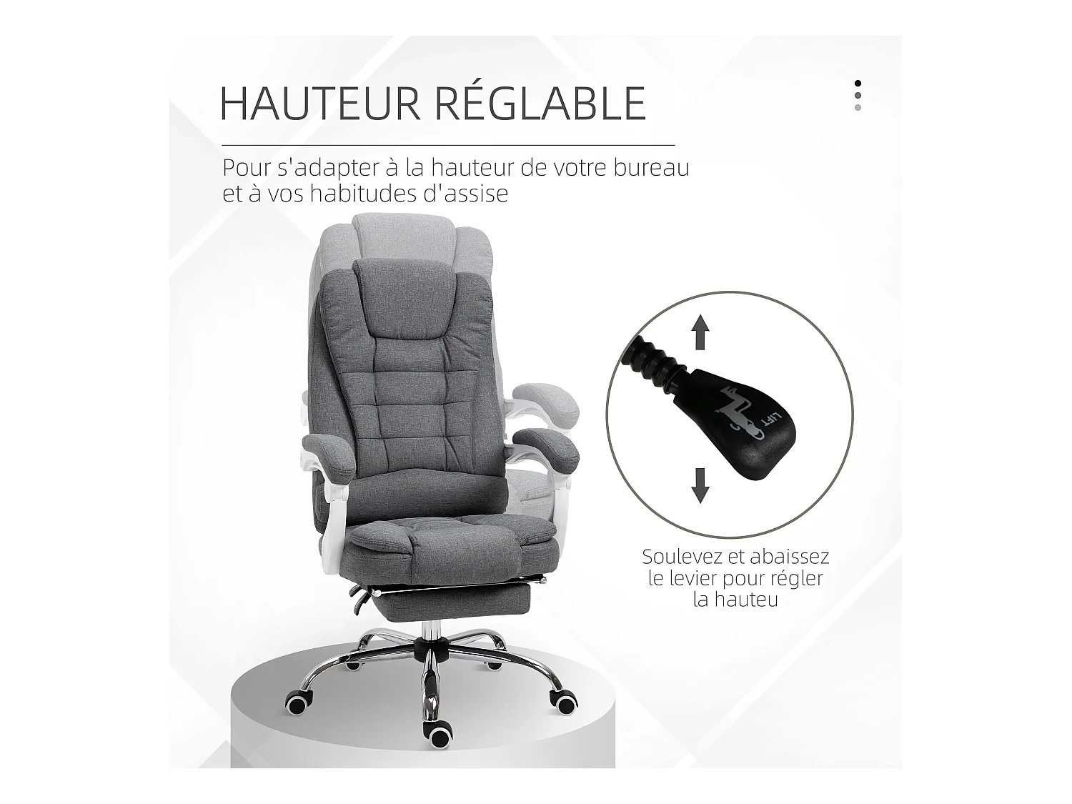Fauteuil de bureau manager grand confort repose-pied dossier inclinable accoudoirs rembourrés tissu aspect lin gris