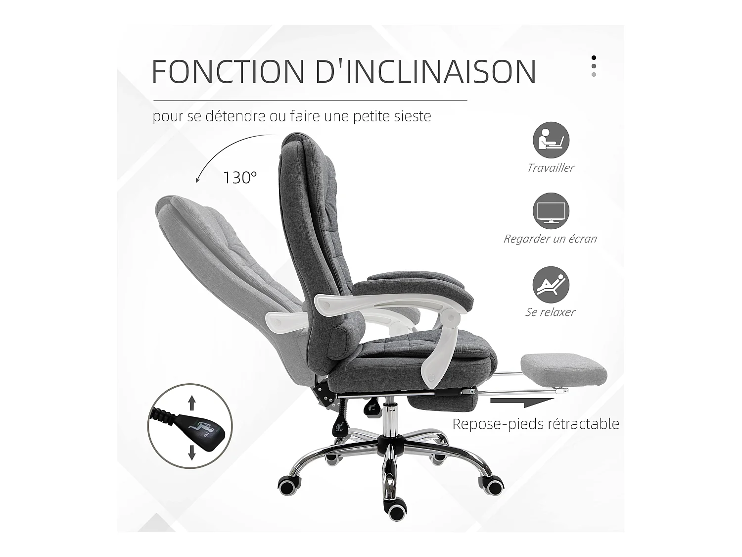 Fauteuil de bureau manager grand confort repose-pied dossier inclinable accoudoirs rembourrés tissu aspect lin gris