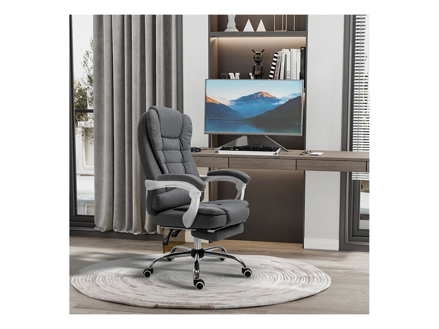 Fauteuil de bureau manager grand confort repose-pied dossier inclinable accoudoirs rembourrés tissu aspect lin gris