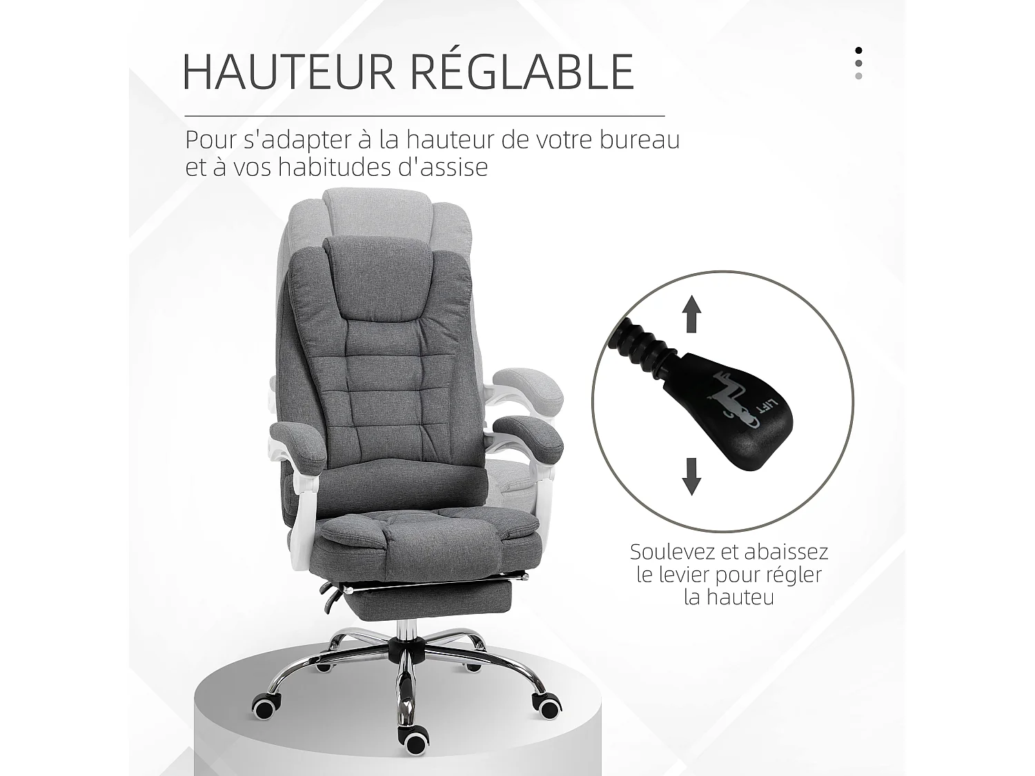 Fauteuil de bureau manager grand confort repose-pied dossier inclinable accoudoirs rembourrés tissu aspect lin gris