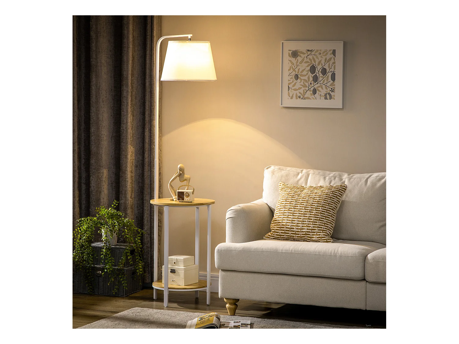 Lampadaire étagères design dim. Ø 37 x 162H cm 40 W max. bois bambou verni métal abat-jour tissu blanc