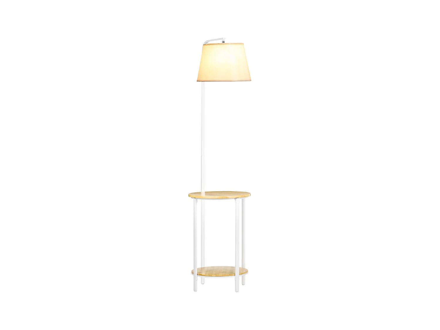 Lampadaire étagères design dim. Ø 37 x 162H cm 40 W max. bois bambou verni métal abat-jour tissu blanc