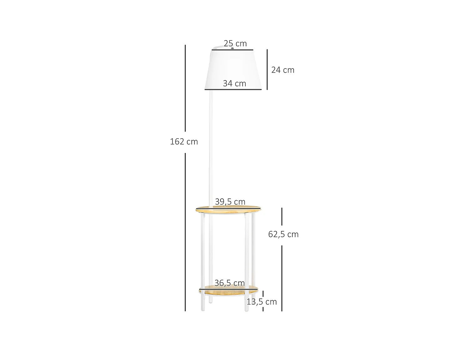 Lampadaire étagères design dim. Ø 37 x 162H cm 40 W max. bois bambou verni métal abat-jour tissu blanc