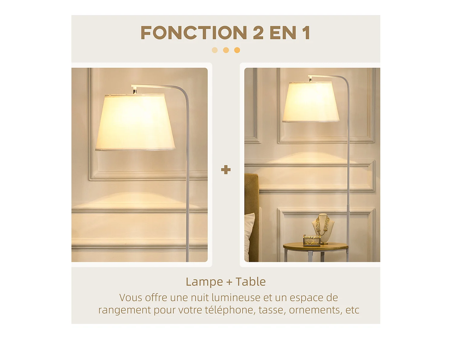 Lampadaire étagères design dim. Ø 37 x 162H cm 40 W max. bois bambou verni métal abat-jour tissu blanc