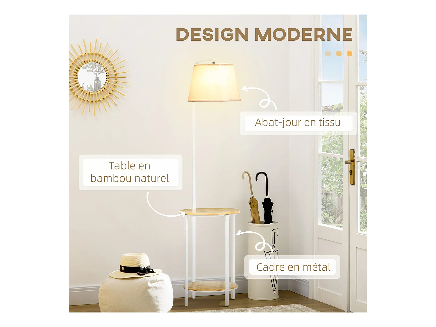 Lampadaire étagères design dim. Ø 37 x 162H cm 40 W max. bois bambou verni métal abat-jour tissu blanc