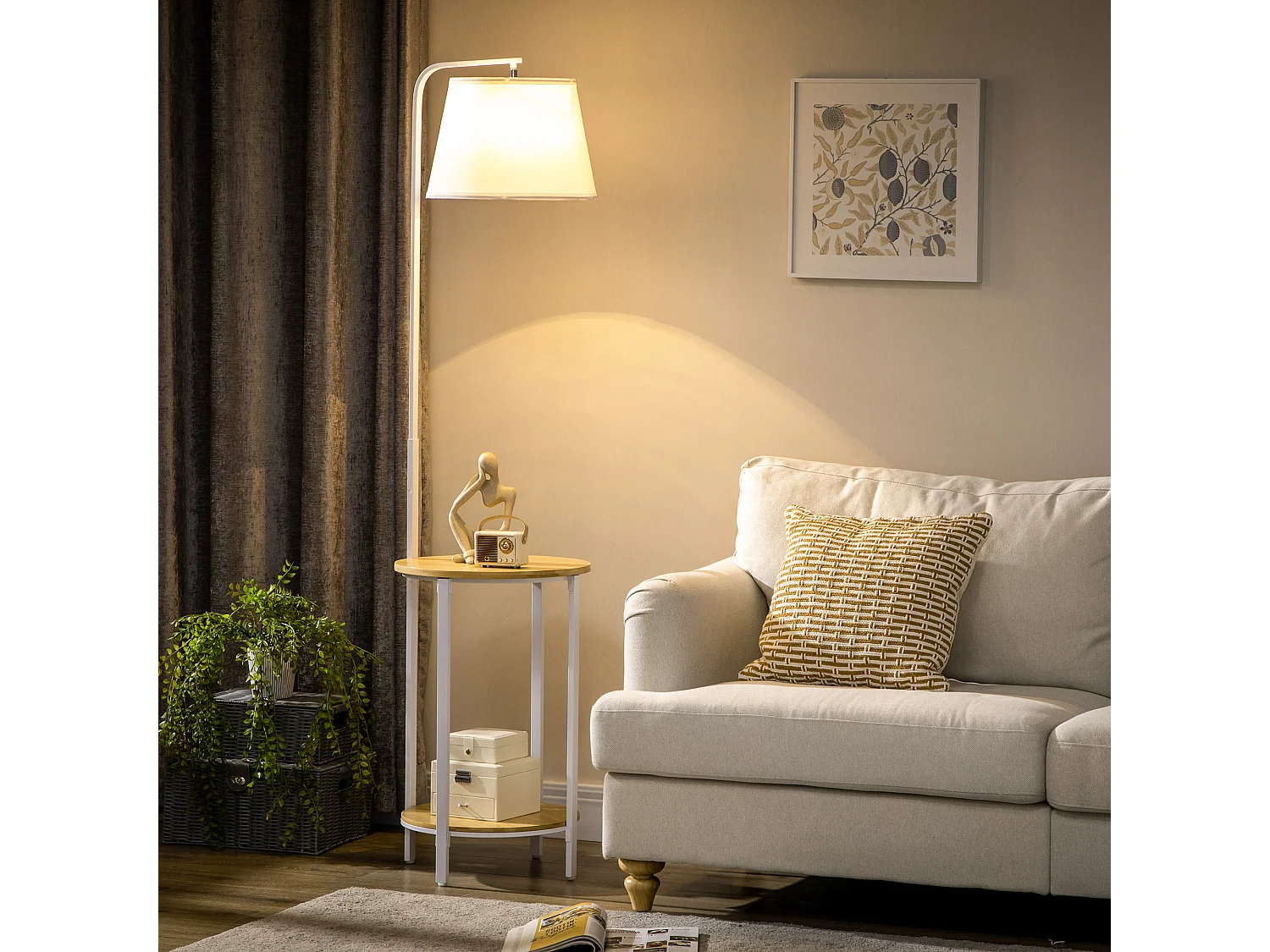 Lampadaire étagères design dim. Ø 37 x 162H cm 40 W max. bois bambou verni métal abat-jour tissu blanc