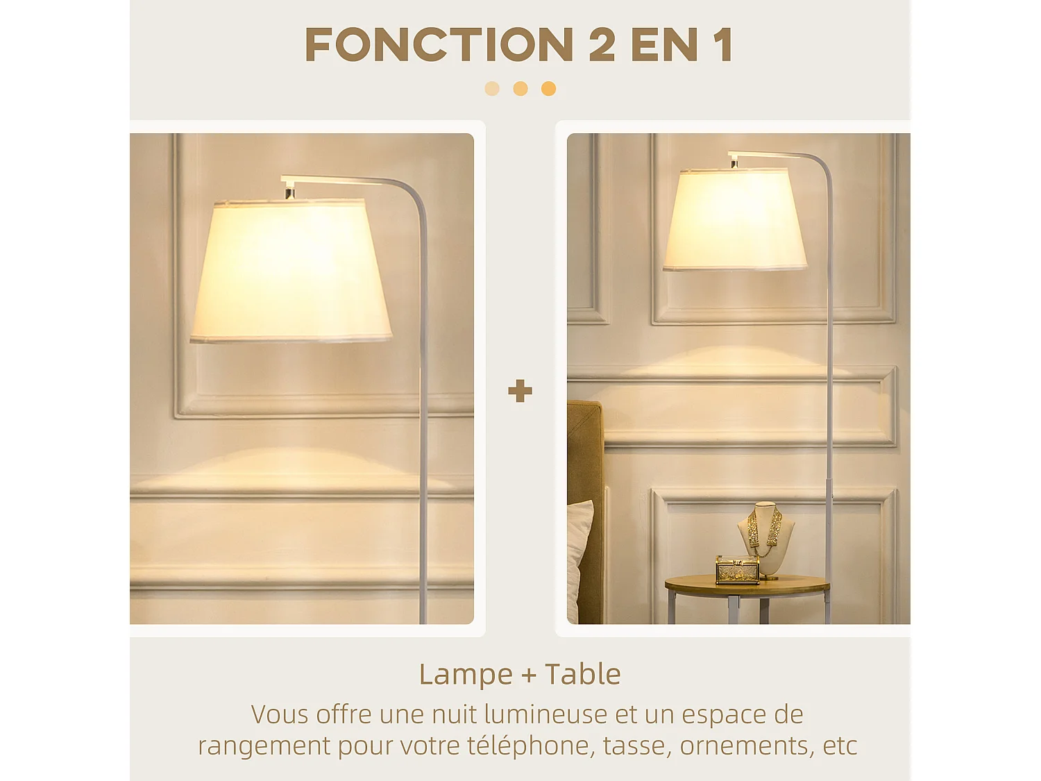 Lampadaire étagères design dim. Ø 37 x 162H cm 40 W max. bois bambou verni métal abat-jour tissu blanc