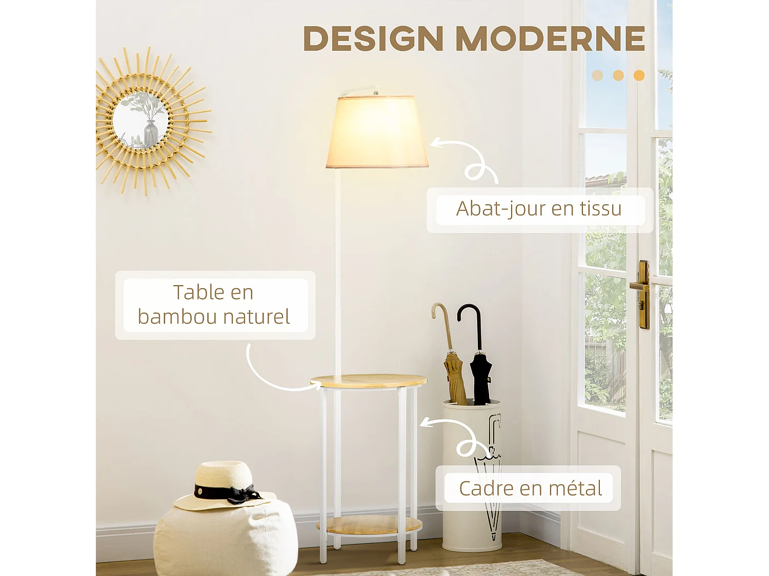 Lampadaire étagères design dim. Ø 37 x 162H cm 40 W max. bois bambou verni métal abat-jour tissu blanc