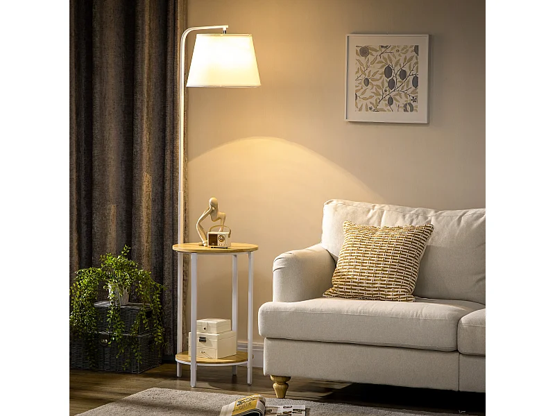 Lampadaire étagères design dim. Ø 37 x 162H cm 40 W max. bois bambou verni métal abat-jour tissu blanc