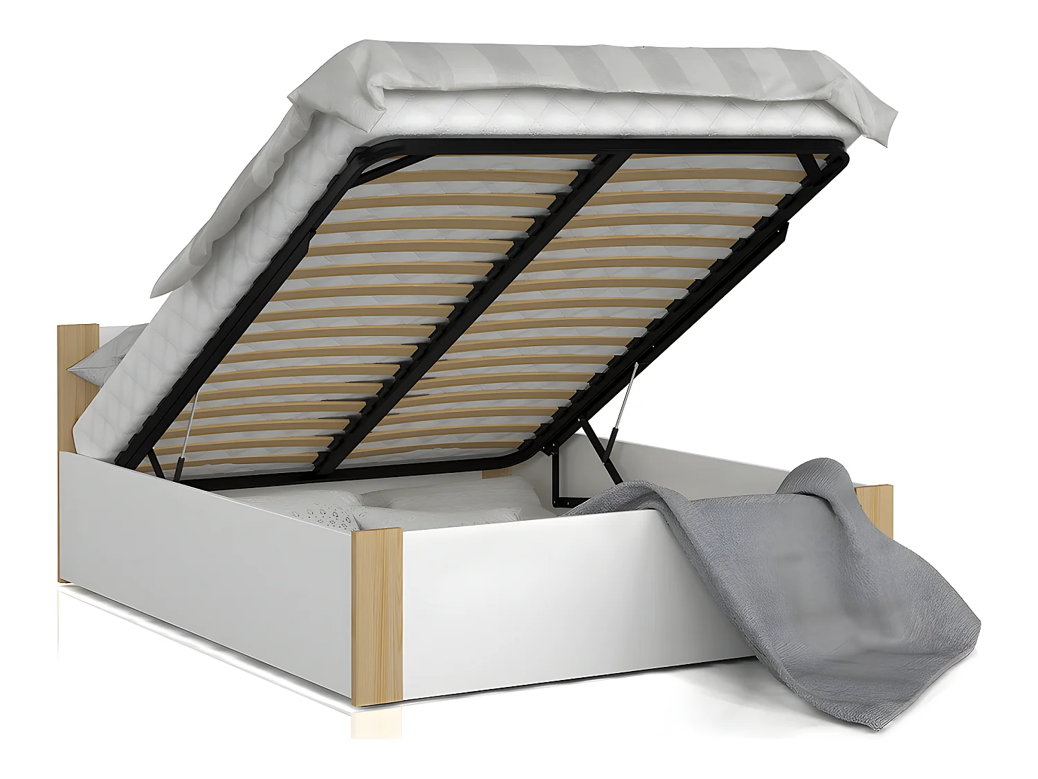 Lit BOSTON 160x200 + coffre - Sommier inclus Pin - blanc