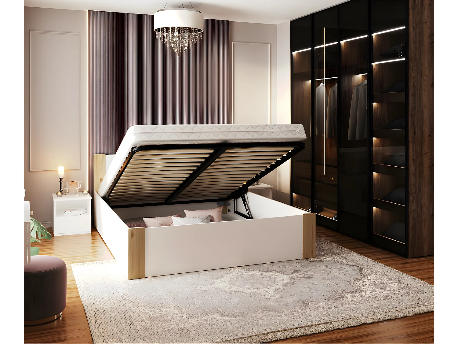 Lit coffre BOSTON 160x200 - Sommier inclus Pin - blanc