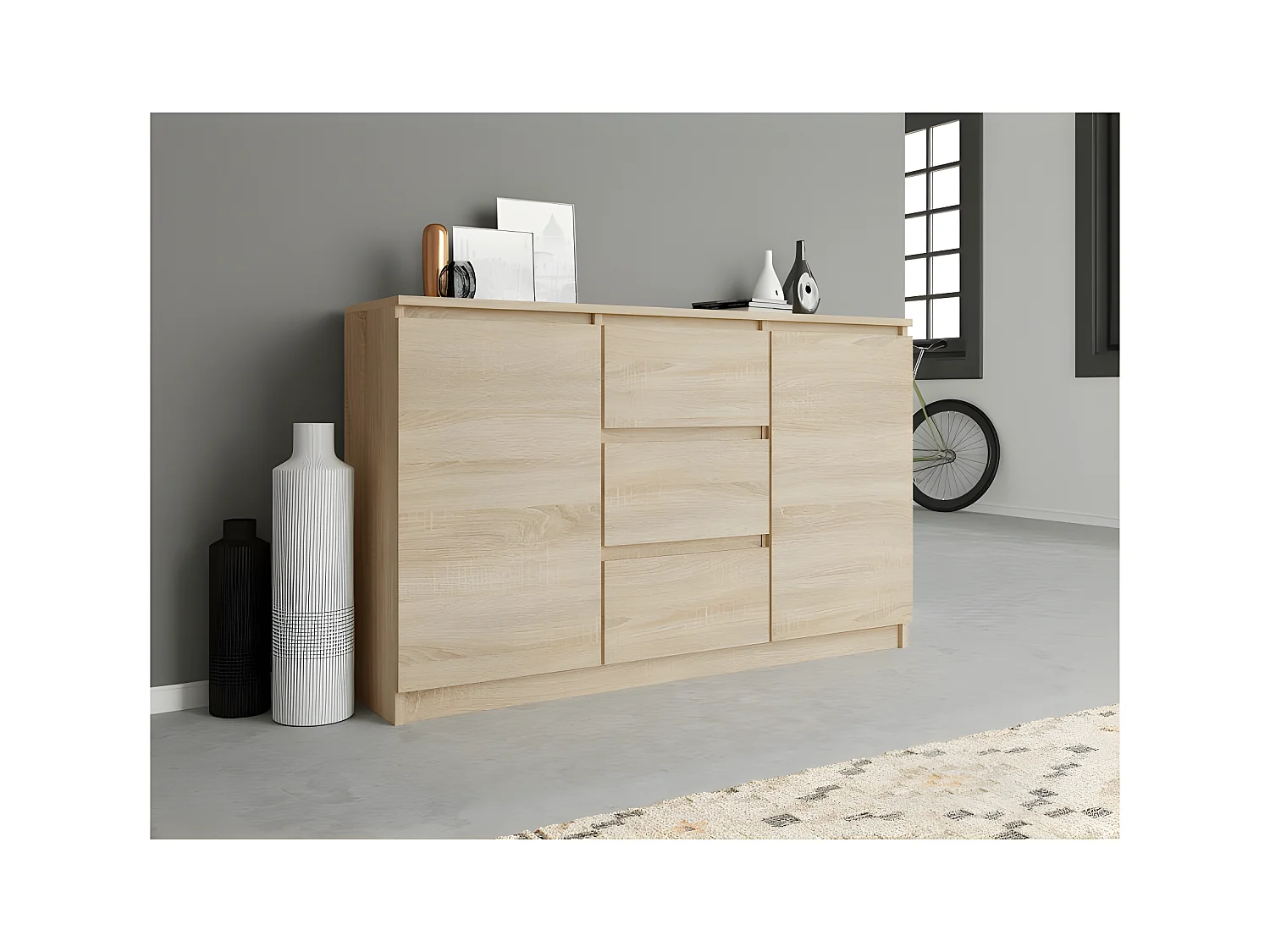 CAZAR | Cassettiera moderna 2 ante + 3 cassetti camera/soggiorno/ufficio | Dimensioni: 75x120x40 | Design minimalista | Mobili funzionali