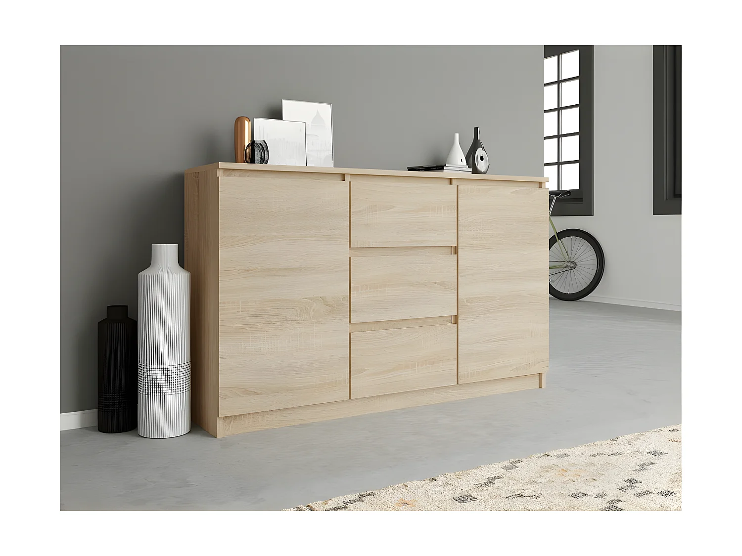 CAZAR | Commode moderne 2 portes + 3 tiroirs chambre/salon/bureau| Dimensions : 75x120x40 | Design minimaliste | Meuble fonctionnel