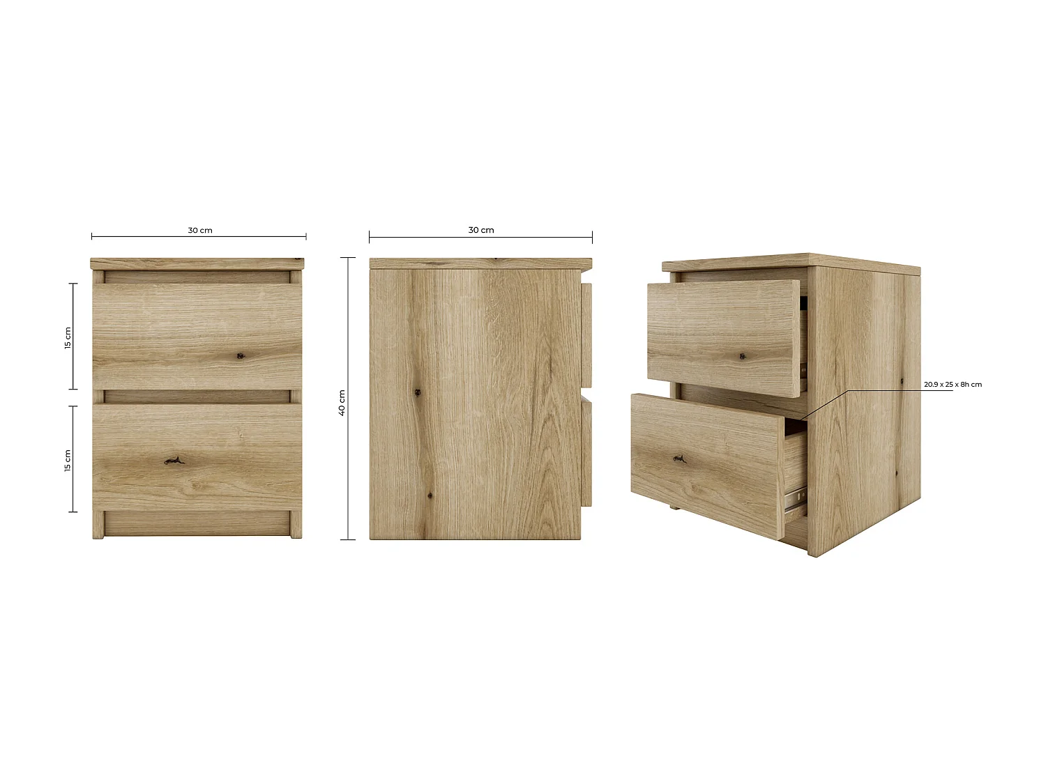 ASTER - Mesita de noche de estilo escandinavo - 30x30x40 cm - Mesita de noche con 2 cajones - Muebles de dormitorio