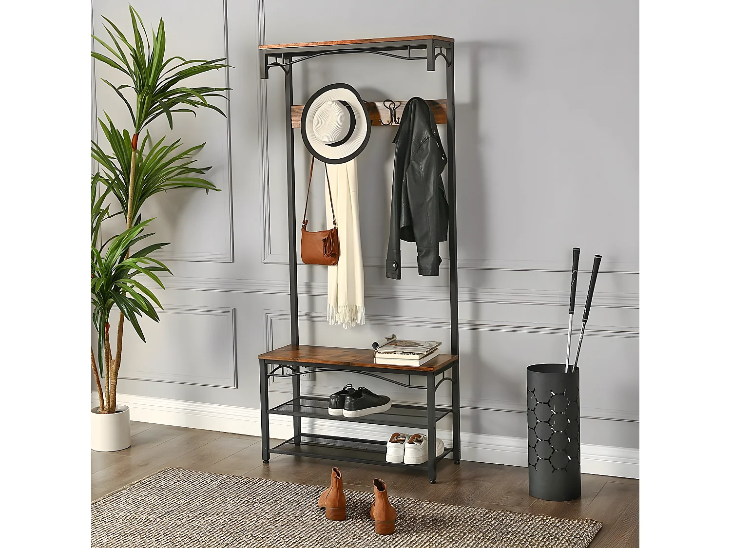 HASERI - Porte-manteaux style industriel couloir - 178.5x80x30 cm - Assise - Meuble d'entrée