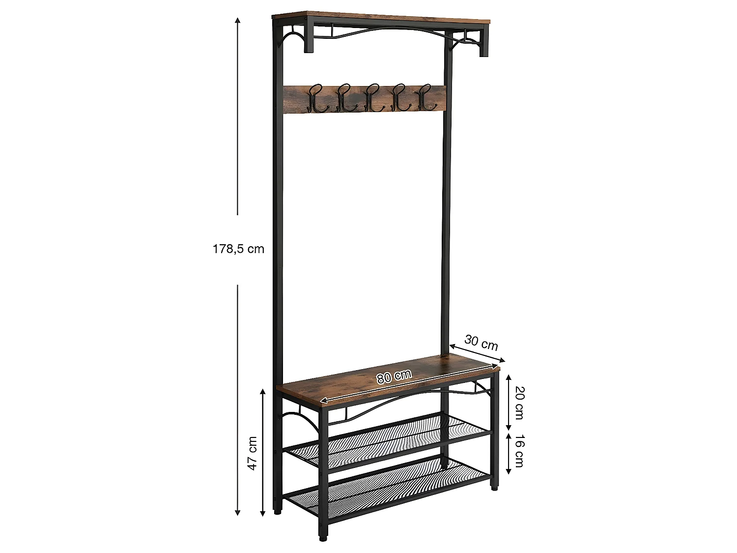 HASERI - Porte-manteaux style industriel couloir - 178.5x80x30 cm - Assise - Meuble d'entrée