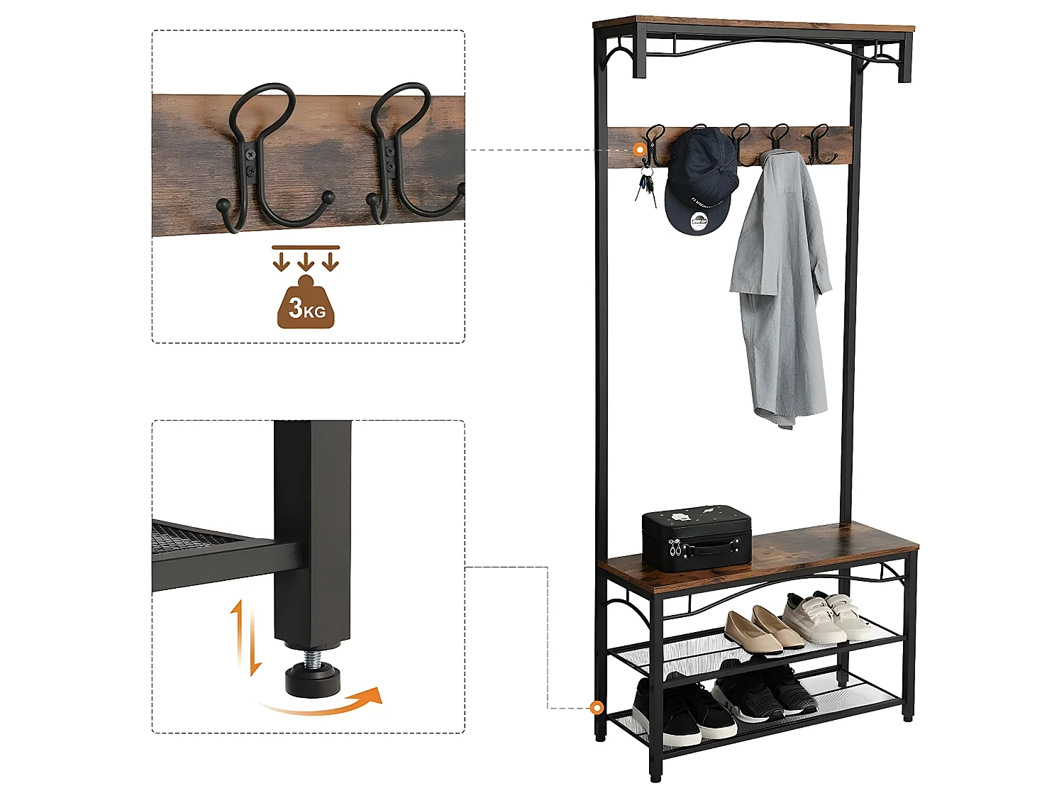 HASERI - Porte-manteaux style industriel couloir - 178.5x80x30 cm - Assise - Meuble d'entrée