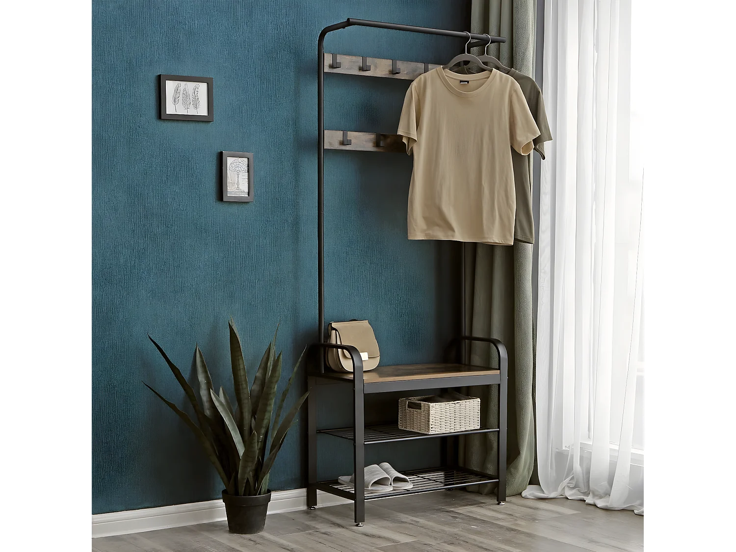 HASERO - Porte-manteaux style industriel couloir - 183x72x33.7 cm - Assise - Meuble d'entrée