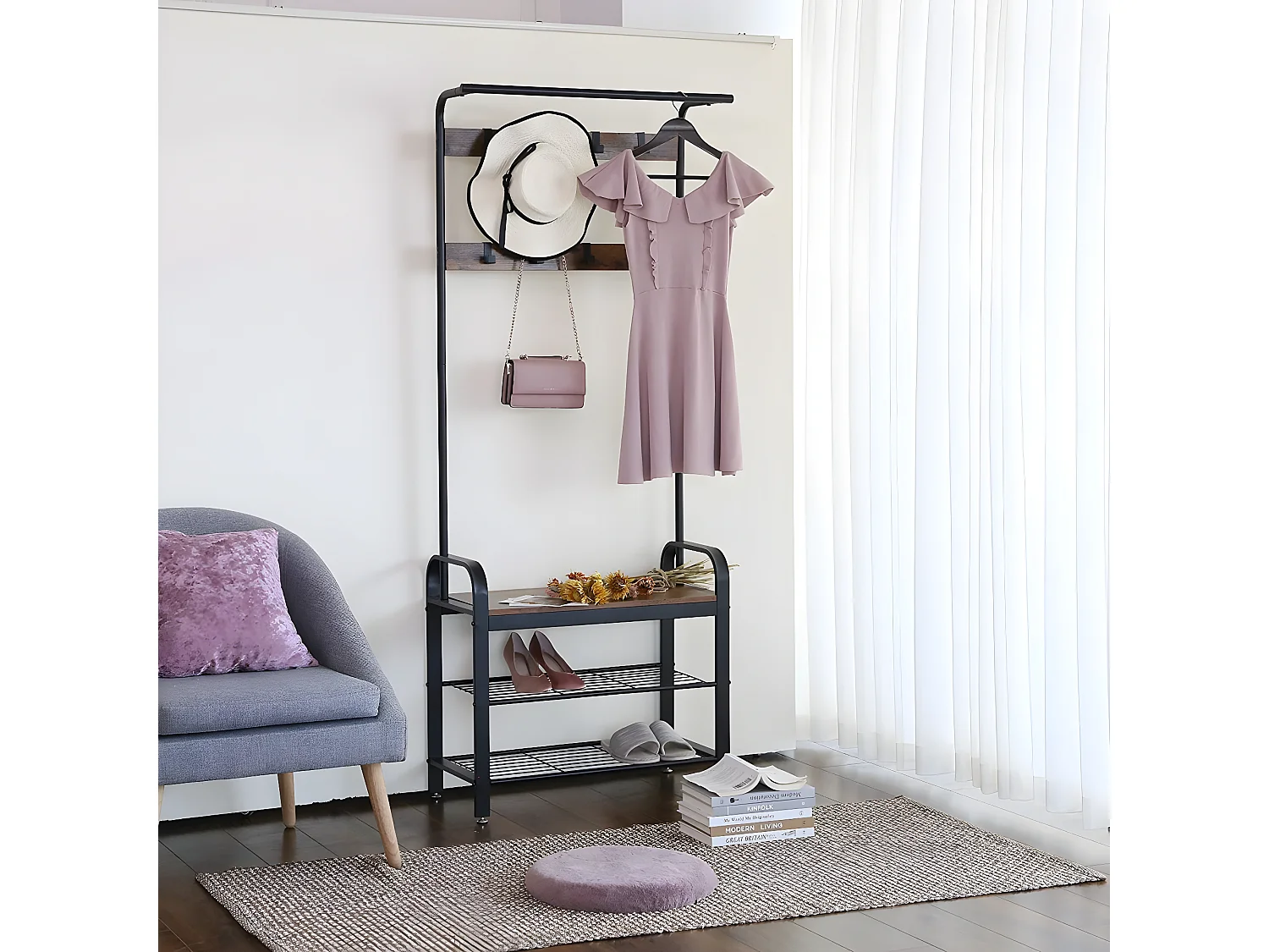 HASERO - Porte-manteaux style industriel couloir - 183x72x33.7 cm - Assise - Meuble d'entrée