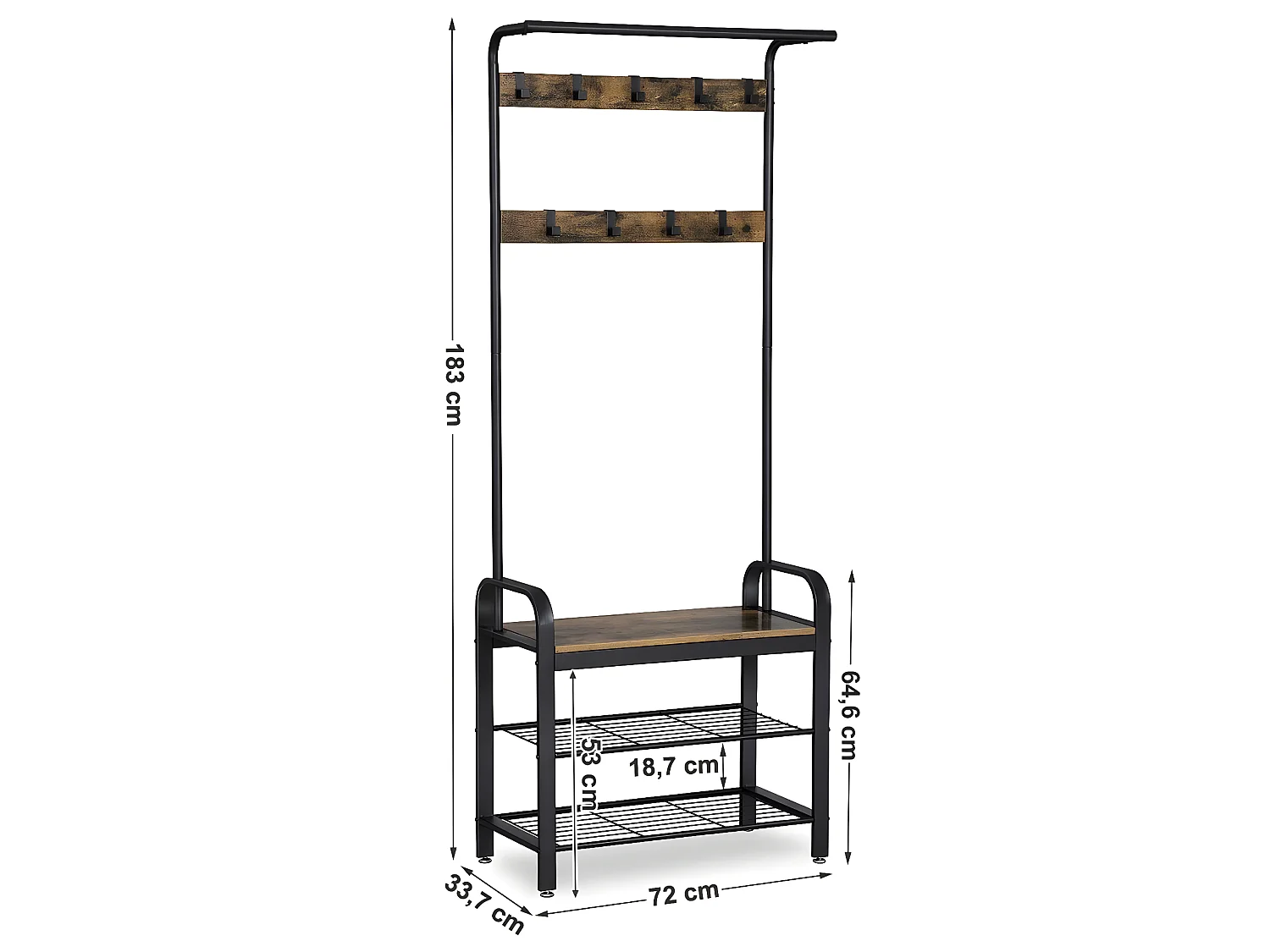 HASERO - Porte-manteaux style industriel couloir - 183x72x33.7 cm - Assise - Meuble d'entrée