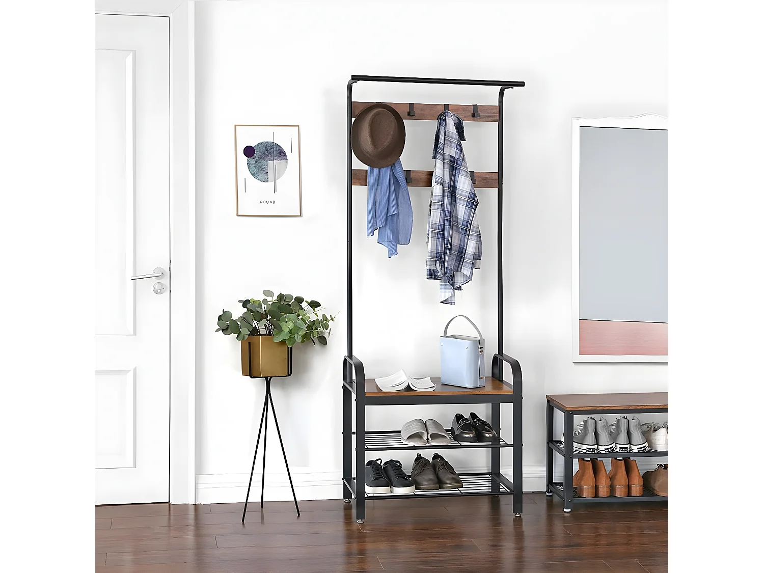 HASERO - Porte-manteaux style industriel couloir - 183x72x33.7 cm - Assise - Meuble d'entrée