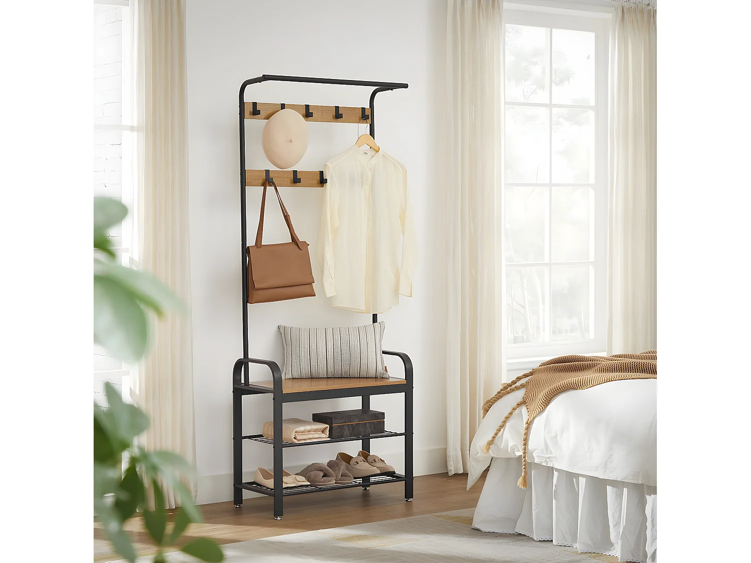 MOREN - Porte-manteaux avec banc style moderne couloir - 72x33.7x183 cm - Meuble d'entrée